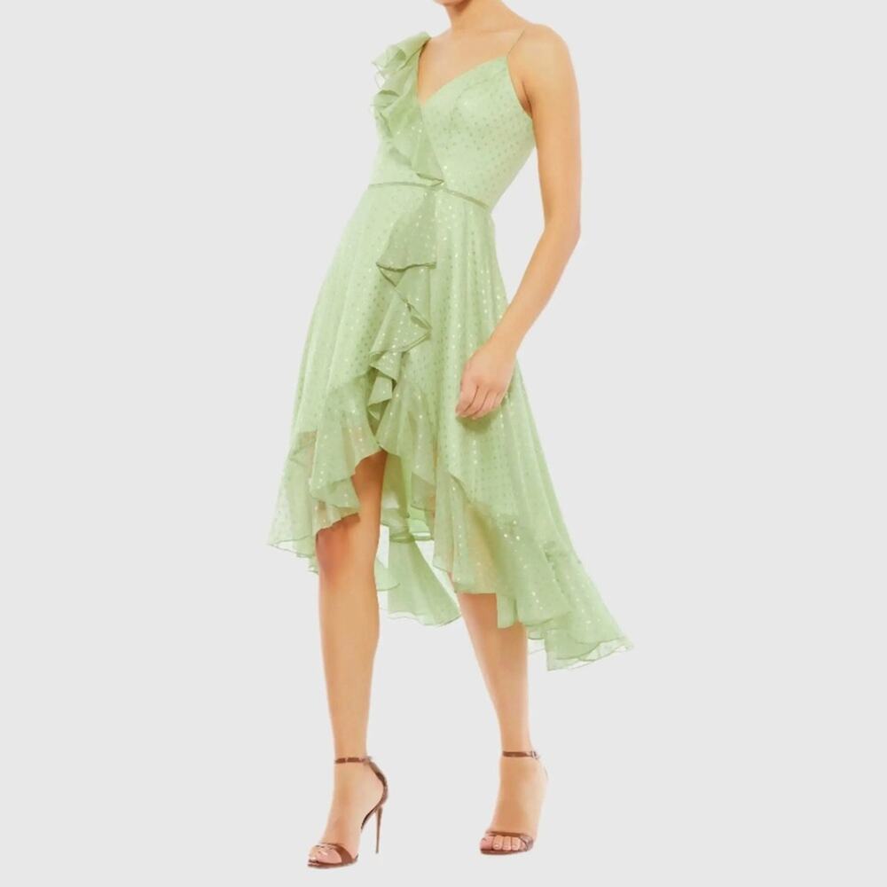 Mac Duggal Green Ruffled Faux Wrap Polka Dot Midi Dress Women’s Sz 12